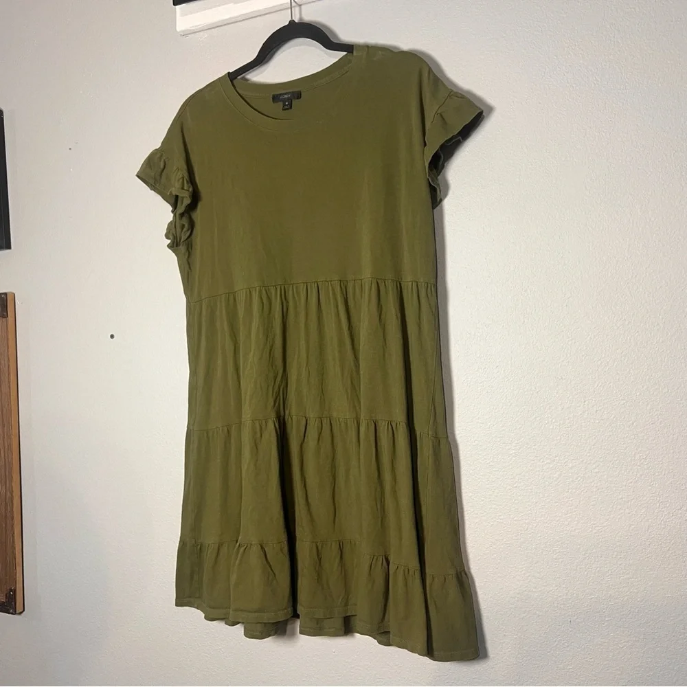 J. Crew Mini Dress Olive Green Tiered Cotton Short Sleeve Size Medium